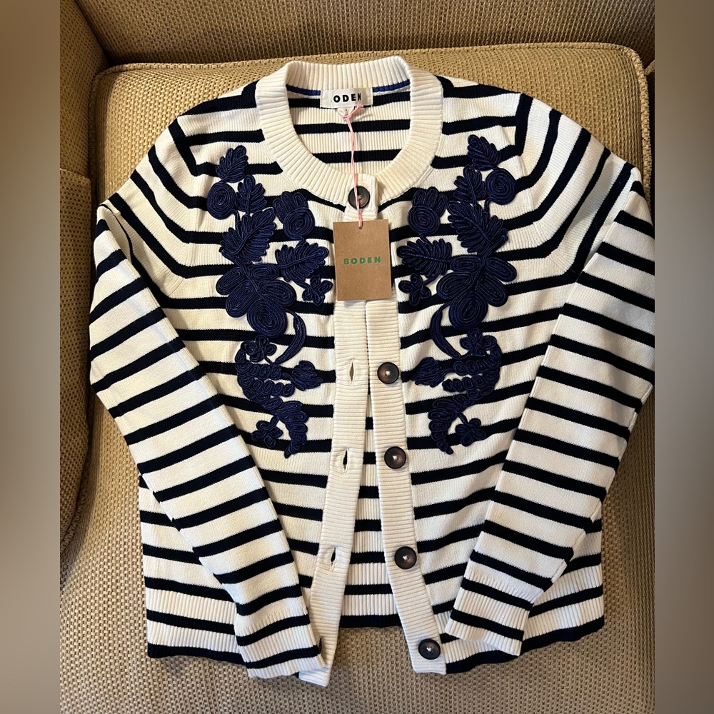 Boden striped, embroidered cardigan. NWT. Size S